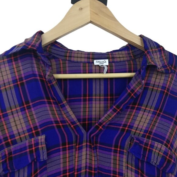 Splendid Plaid Popover Collar Roll Tab Sleeve Shirt Blouse Size M Blue Red Rayon - Picture 4 of 10